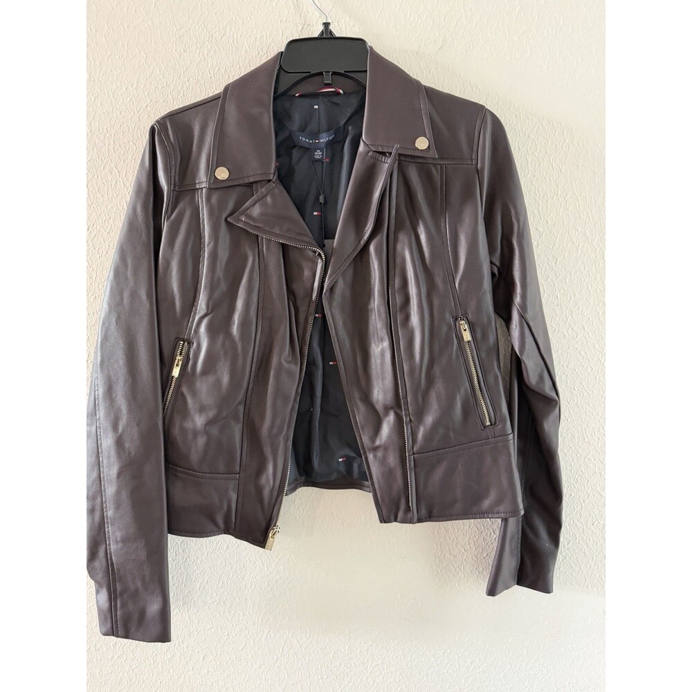 TOMMY HILFIGER Women's jacket Burgundy leather Motorcycle Jacket Size small